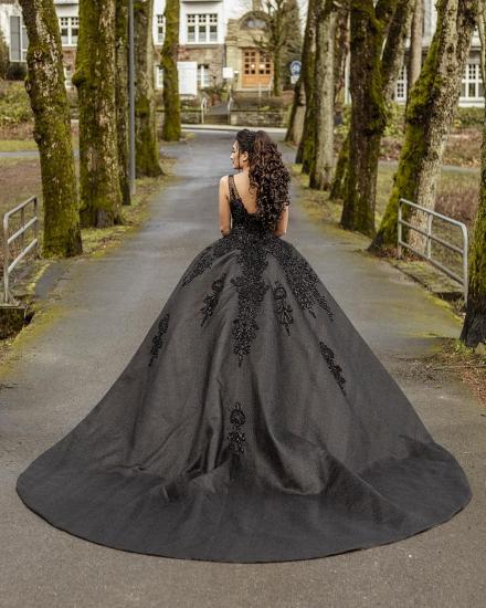 Sleeveless A-line Satin Ball Gown Black Lace Appliques_2