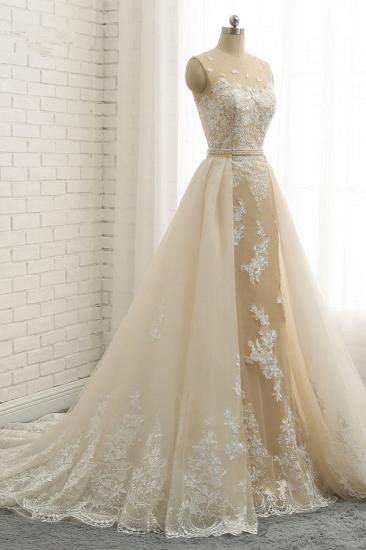 TsClothzone Glamorous Jewel Tulle Champagne Wedding Dress Appliques Sleeveless Overskirt Bridal Gowns with Beading Sash Online_4