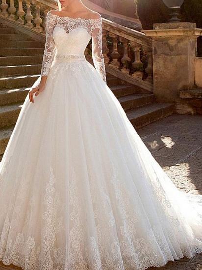 Ball Gown A-Line Wedding Dresses Off Shoulder Lace Tulle Long Sleeve Bridal Gowns Formal See-Through Court Train_3