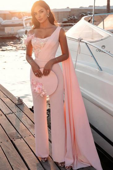 Sweetheart Sheath Evening Dress Sleeveless Slim Jumpsuit Beaded Feather Floor Length Party Gowns with Cape