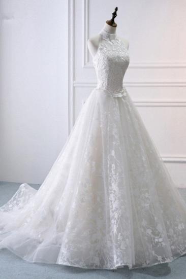 TsClothzone Elegant A-Line Halter Tulle White Wedding Dress Sleeveless Appliques Bridal Gowns On Sale_4