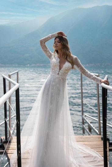 Lace V-Neck Boho Wedding Dress with Sleeves | Simple Lace Wedding Dress_1