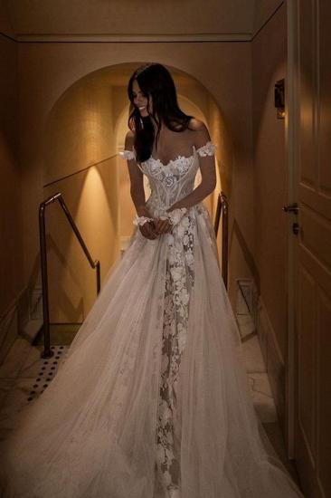 Off-Shoulder Printed Lace-Tulle Floor-Length Wedding Dress