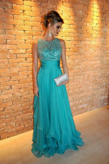 A-Line Crystal Chiffon Long Evening Dress with Beadings Latest Floor Length Empire Party Dresses