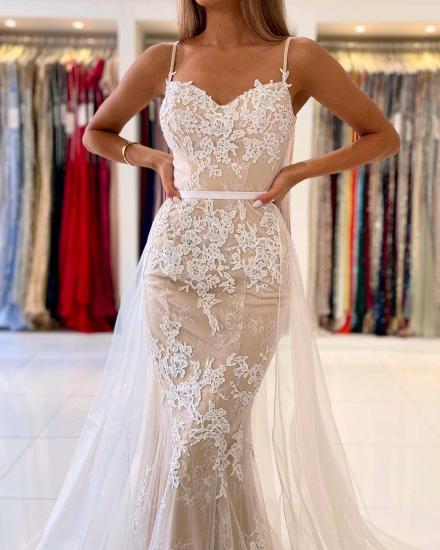 Stunning Spaghetti Straps Sweetheart Lace Mermaid Evening Dress with Tulle Detachable Train_5