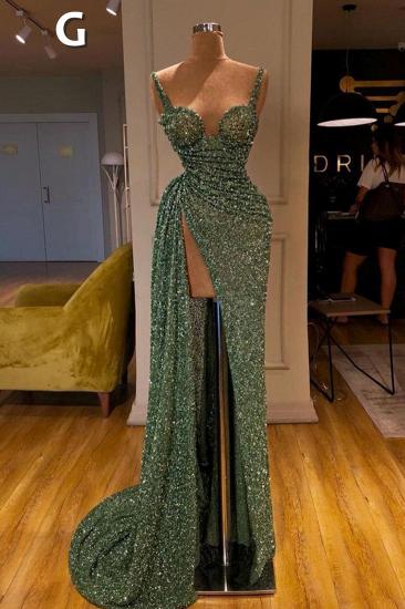 Sparkle dark green high split straps sequin sleeveless long prom dress