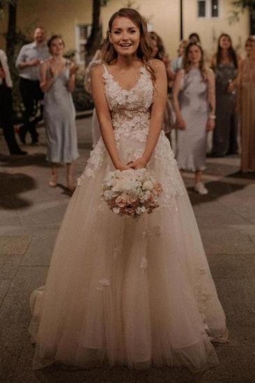 Sleeveless V-Neck Aline Elegant Tulle Lace Wedding Bridal Dress_1