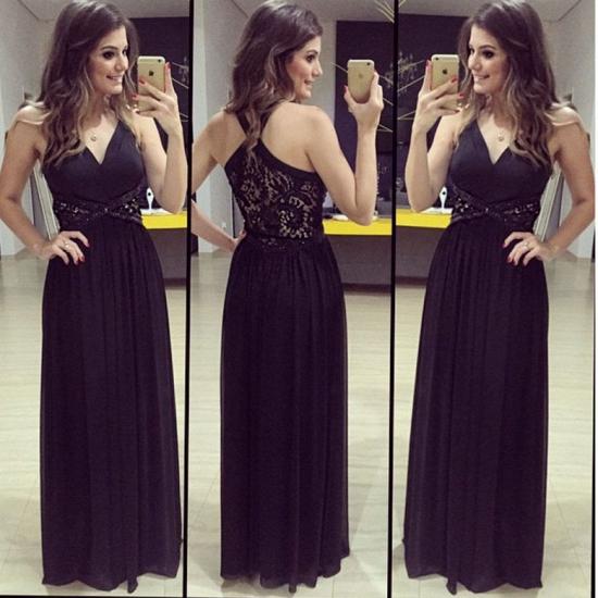 A-Line V-Neck Empire Black Prom Dress Halter Lace Crystal Floor Length Evening Gown_3