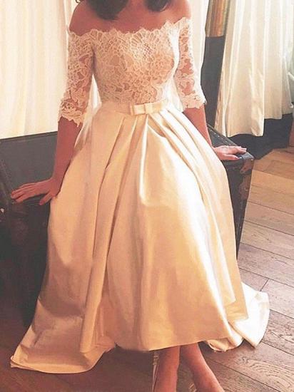 1/2 Sleeves Lace A-Line Asymmetrical Sweep Train Satin Off-the-Shoulder Wedding Dresses