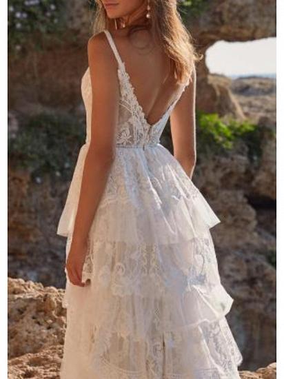 A-Line Wedding Dress V-neck Chiffon Lace Spaghetti Strap Bridal Gowns Boho with Sweep Train_2