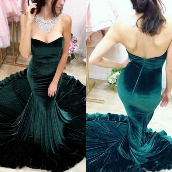 Strapless Dark Green Velvet Evening Dress Sexy Mermaid Open Back Elegant Prom Dress_3
