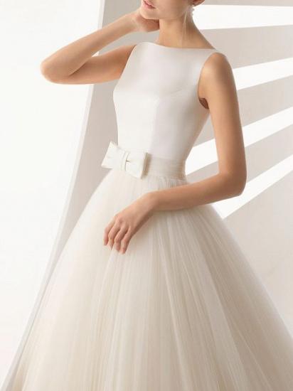 Ball Gown Wedding Dresses Bateau Neck Satin Tulle Regular Straps Bridal Gowns Simple Backless Sweep Train_3