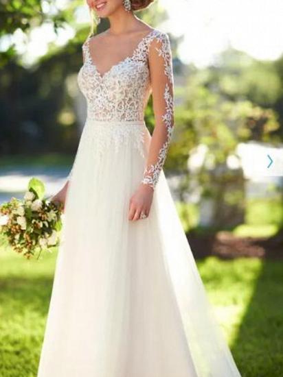 A-Line Wedding Dress V-neck Lace Tulle Long Sleeves Bridal Gowns Romantic See-Through Backless with Sweep Train_3