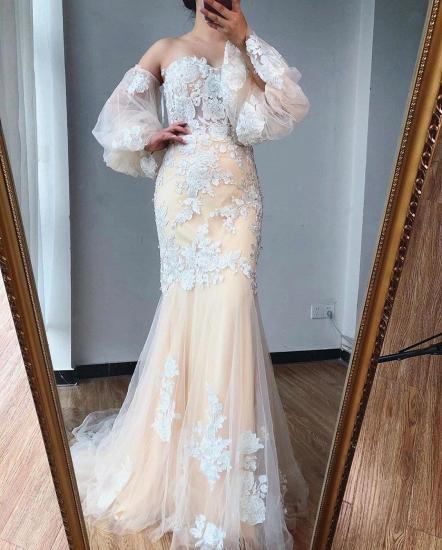 Romantic Puffy Sleeves Mermaid Wedding Dress Floral Appliques_2