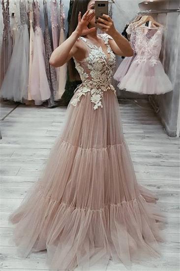 New Arrival Sleeveless Appliques Evening Dresses | Pink V-Neck Tulle Prom Dresses Cheap