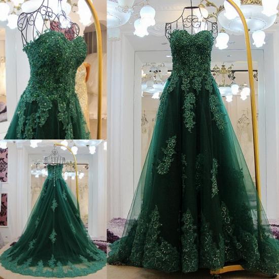 Elegant Lace Sequins Evening Dresses 2022 A-line Court Train Dark Green Party Dress_3