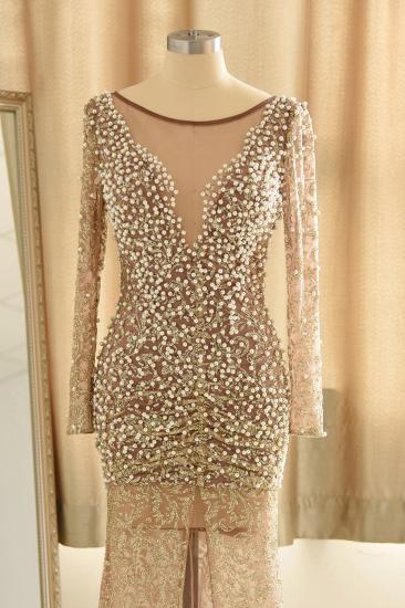 Illusion neck Champange Pearls Long High split Prom Dress_5