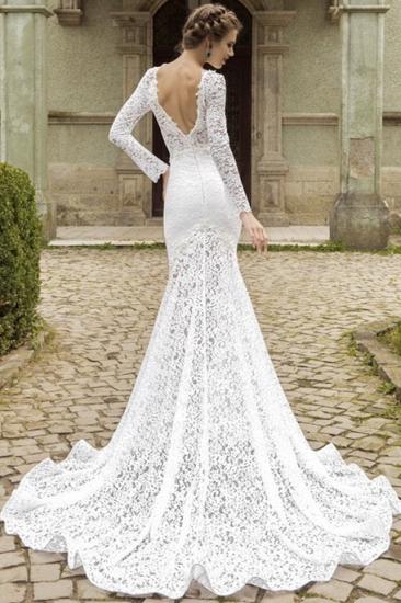 Long Sleeves Lace Mermaid Bridal Gowns Deep V Back Waved Court Train 2022 Wedding Dress_2