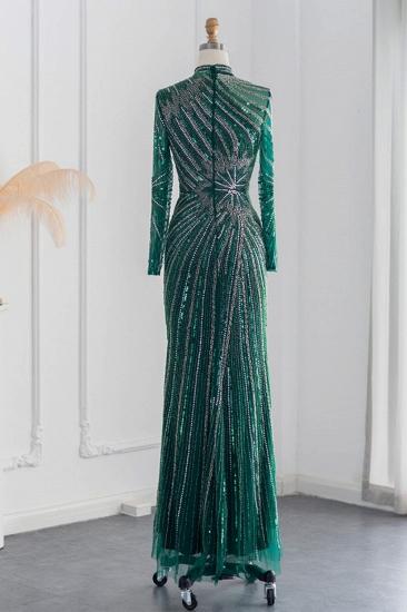 Elegante Abendkleider im Meerjungfrau-Stil mit Stehkragen und langen Ärmeln, Perlenstickerei und Kristallschärpe_17