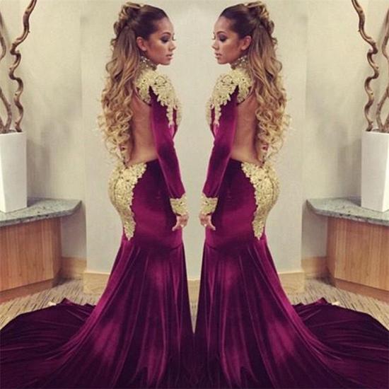 Burgundy Velvet Long Sleeve Prom Dress Gold Lace Appliques See Through Back SExy Evening Gown_4