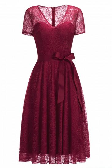 V-neck Short Sleeves Lace Dresses with Bow Sash_5