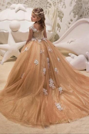 Schöne lange Champagner Flügelärmel Blumenmädchenkleider mit Schnürung | Juwel Tüll Kinder Kleider für Hochzeit_4