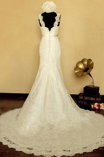 2022 Elegant V-neck Lace Wedding Dress Mermaid Long Train Bridal Gowns with Beading Sash_3