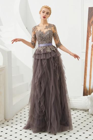 Modest Long Sleeve Gray Mother of the bride Dress with flowing Ruffles | Elegant Illusion neck Evening Dress_7