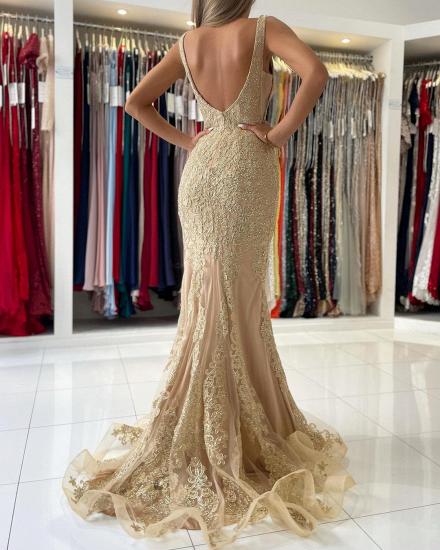Sexy Deep V-Neck Mermaid Prom Dress with Floral Lace Appliques_5