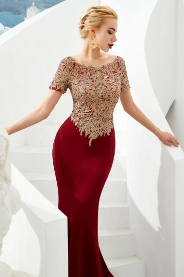 Hilary | Custom Made Short sleeves Burgundy Mermaid Prom Dress with Gold Lace Appliques_4