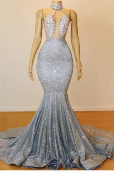 Elegante silberne Pailletten Ballkleider mit Stehkragen | Sexy rückenfreie Meerjungfrau-Abendkleider online