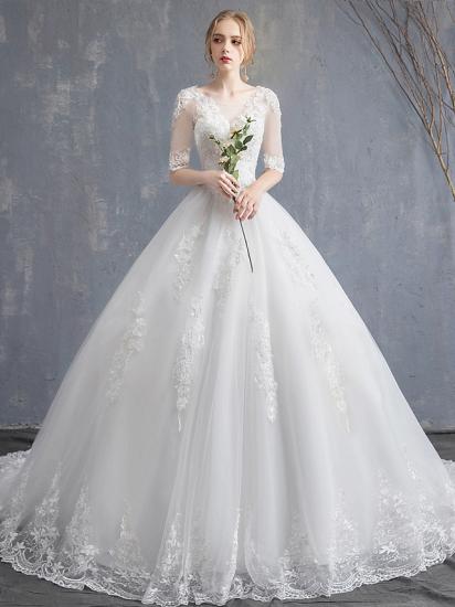 Glamouröses durchsichtiges Ballkleid-Hochzeitskleid U-Ausschnitt-Spitze Tüll Pailletten Halbarm-Brautkleider mit Kapellenschleppe_1