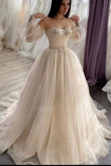 Romantic Off-the-Shoulder Sweetheart Tulle Bridal Dress Aline Princess Wedding Dress_1