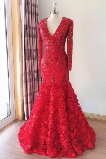 Red Long Sleeves Floral Appliques Mermaid Evening Prom Gown