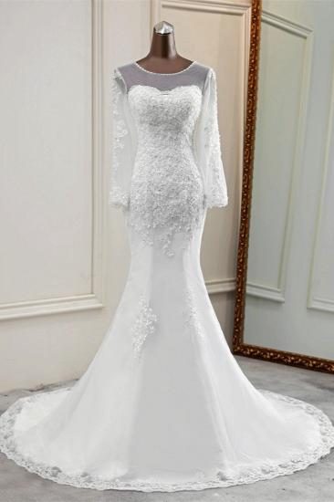 TsClothzone Elegant Jewel Long Sleeves White Mermaid Wedding Dresses with Rhinestone Applqiues