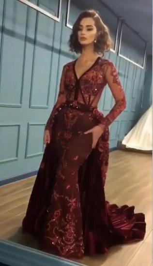 Sparkly Beading Burgundy Long Sleeves Prom Dresses with Appliques_2