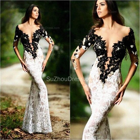 Sexy Black and White Evening Dresses Mermaid 3/4 Sleeve Lace Formal Dresses with Black Beads Bottom CJ0219_2