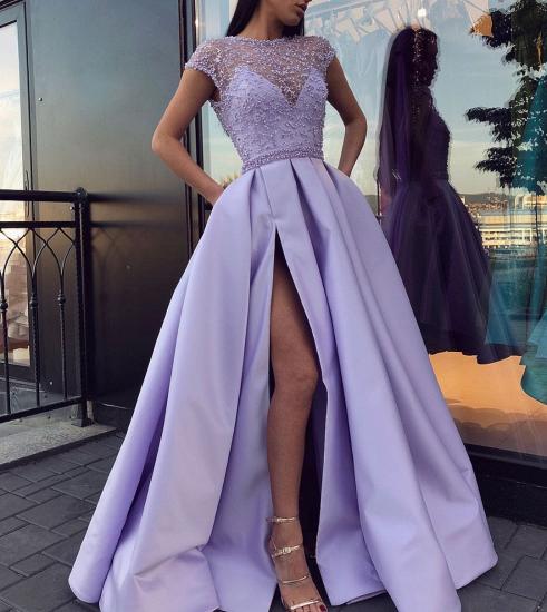 Gorgeous Sleeveless Light Purple Satin Lace Front-Split Prom Dresses With Ruffles_2