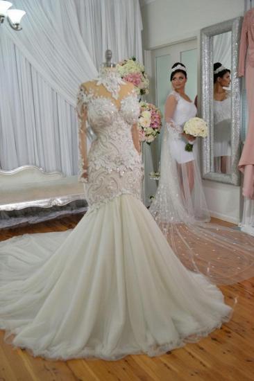 High Neck Beads Appliques Mermaid Wedding Dresses | Sheer Tulle Long Sleeve Bridal Gowns_1