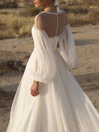 A-Line Wedding Dress Jewel Lace Chiffon Over Satin Long Sleeves Bridal Gowns Country See-Through with Sweep Train_2