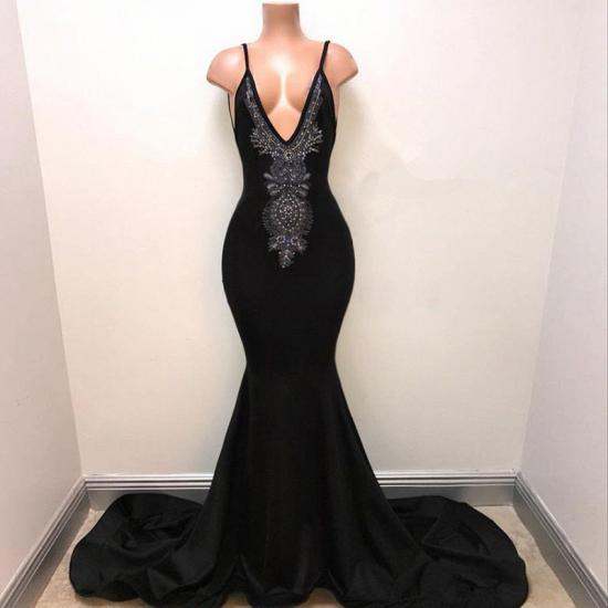 Träger mit V-Ausschnitt, sexy schwarzes Abendkleid | Meerjungfrau Perlen Sexy Abendkleid_3
