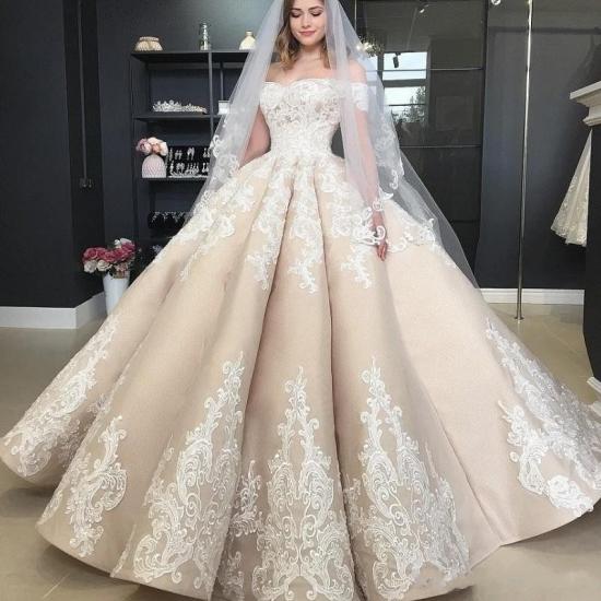 Charming Off Shoulder A-line Princess Bridal Gown with White Lace Appliques_3