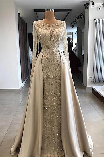 Shining Beaded Long Sleeves Round Neck Prom Dresses With Over Skirt | A Line Evening Gowns_1