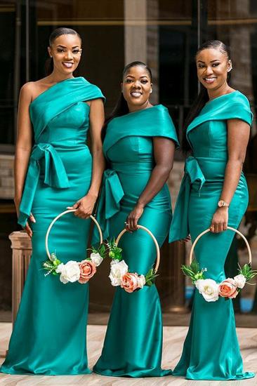 Elegant One-Shoulder Green Sweep Train Bridesmaid Dress With Belt Decoration | Green Long Length Gowns