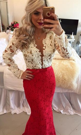 Popular Long-Sleeves Beadings Lace Mermaid Floor-Length Prom Dresses_2