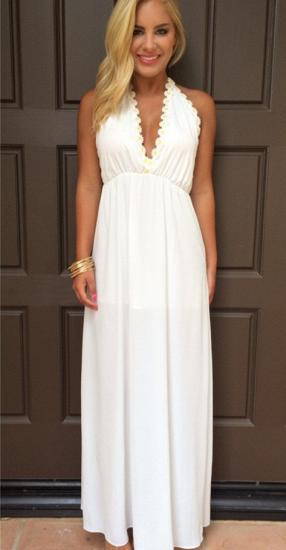 Halter Summer White V-Neck Evening Gowns Backless Maxi Dresses_2