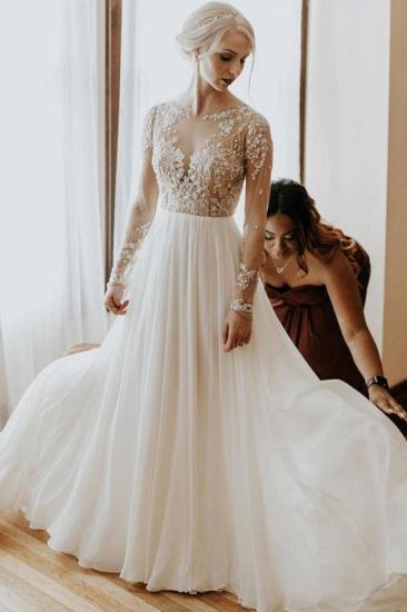 Chiffon wedding Dress Long Sleeves Floral lace A-line Bridal Dress_1