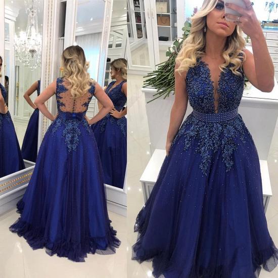 Elegant V Neck Lace Appliqued  Sleeveless Prom Dresses With Bowknot Beads Waistband | Royal Blue Floor Length Beading Evening Gowns_2