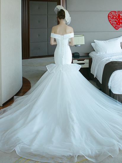 Plus Size Mermaid Wedding Dresses Off Shoulder Tulle Polyester Short Sleeve Bridal Gowns with Court Train_4