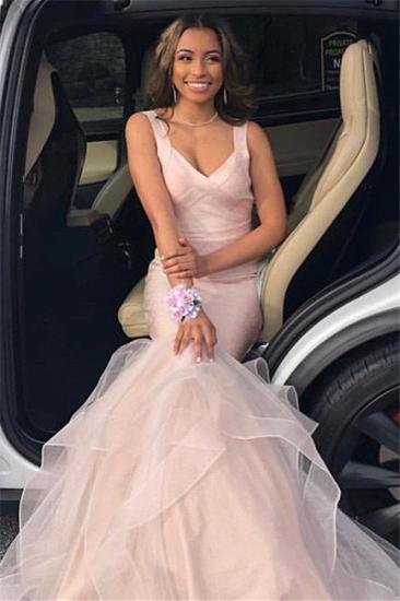 Stunning Pink Hot V-Neck Prom Dresses | Mermaid Falbala Soft Tulle Sleeveless Sexy Evening Dresses_3